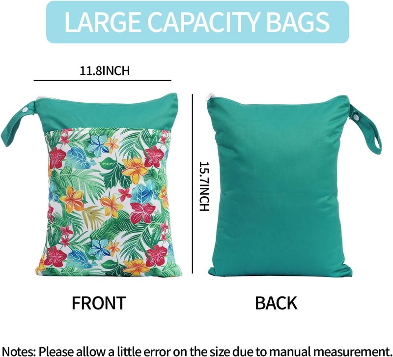 CoolaPeach 2pcs Wet Bags Waterproof Reusable Wet Dry Bag with Two Zippered Pockets Travel Beach Pool Daycare Yoga Gym Bag for Baby Cloth Diaper,Swimsuits,Wet Clothes (Flowers & Fruits) - Image 2